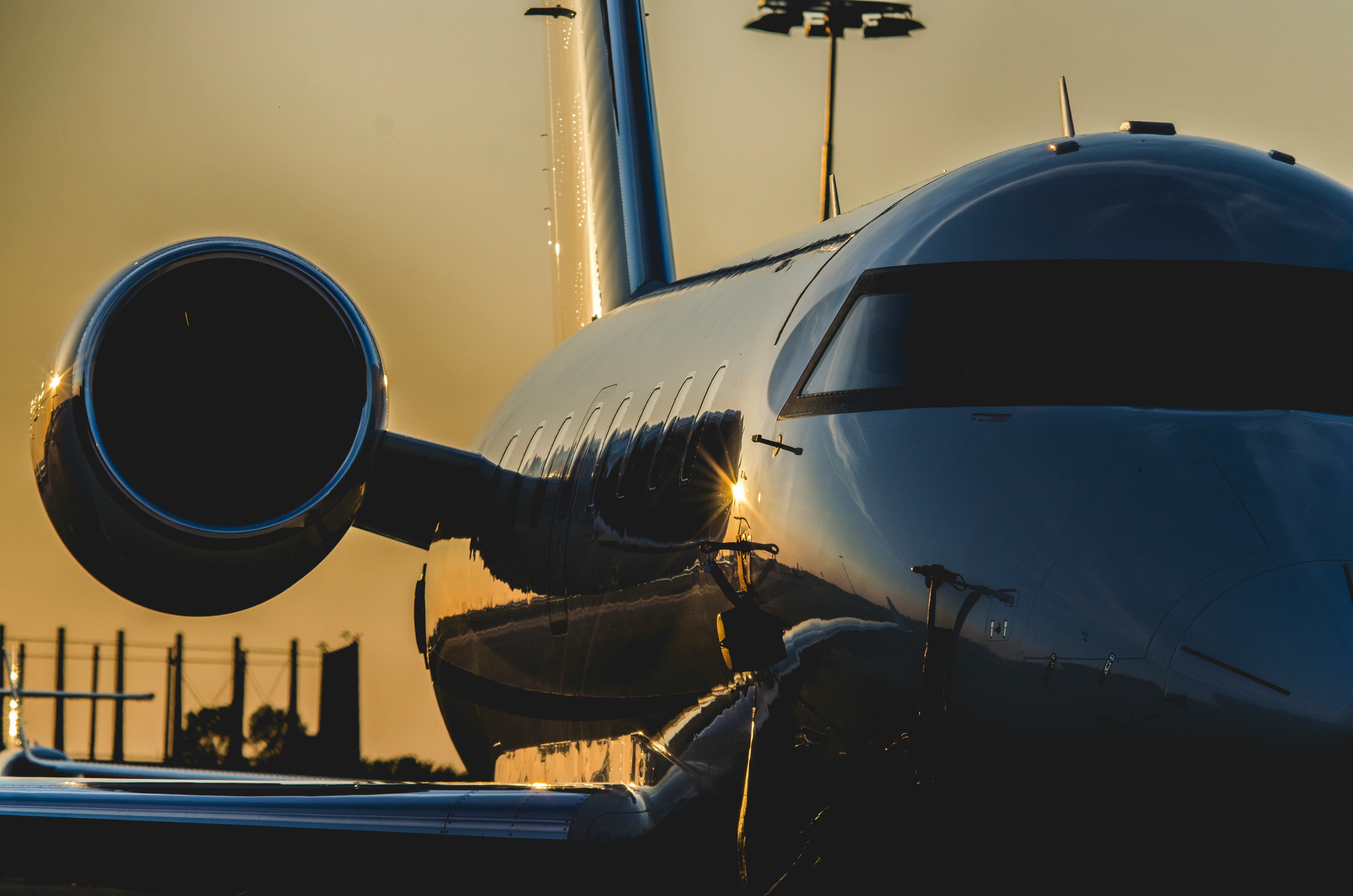 Private jet engine detail at golden hour