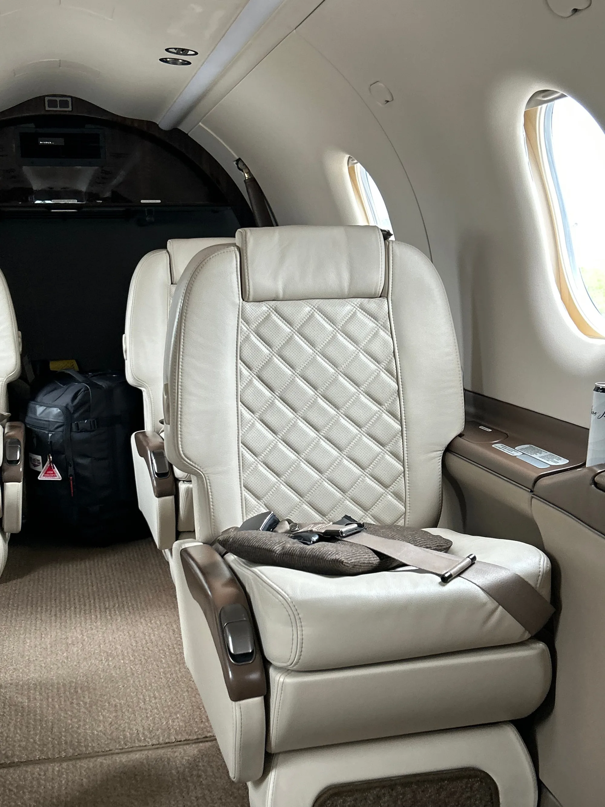 Cream quilted leather private jet cabin after professional interior valeting
