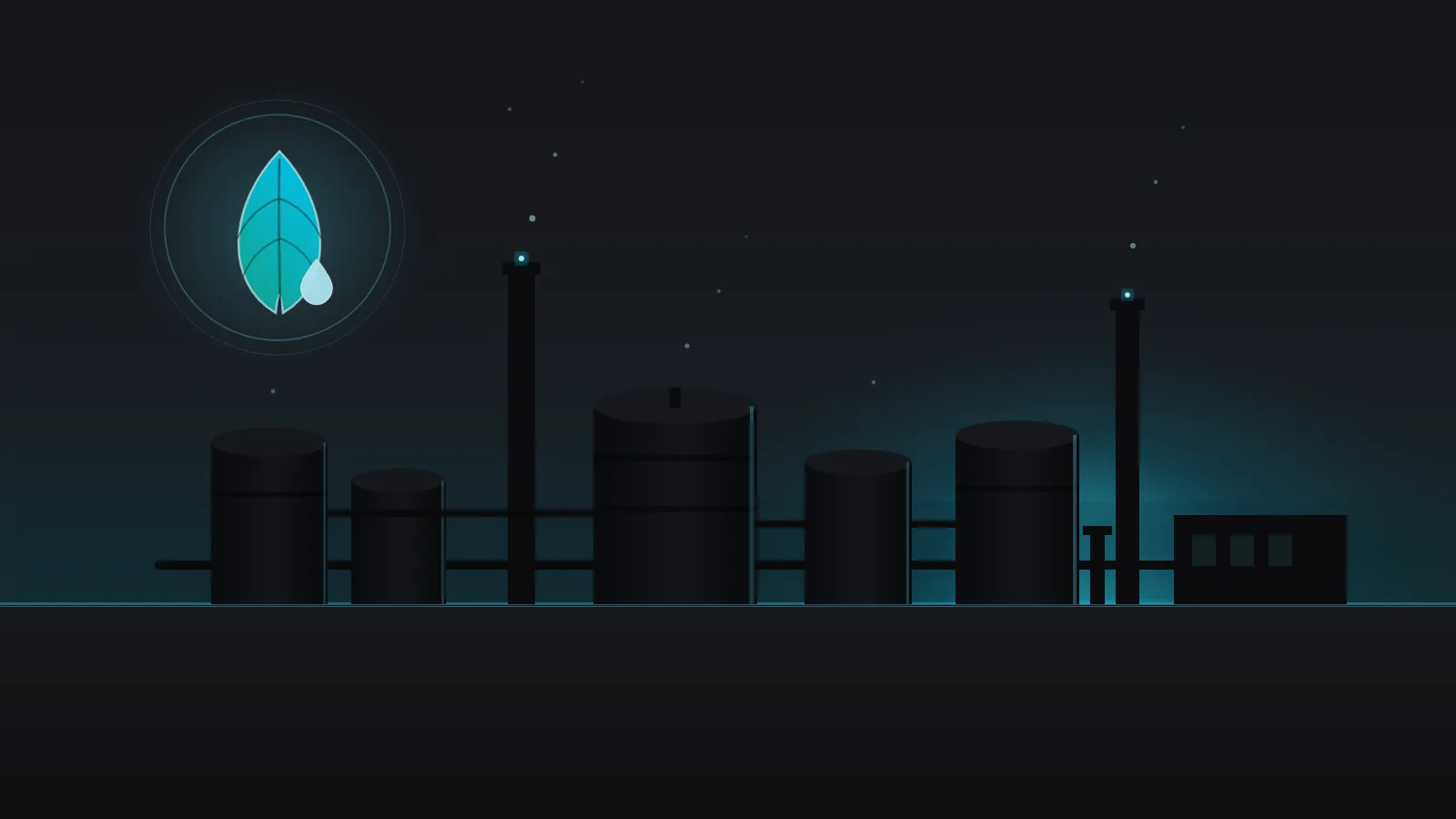 Fuel refinery storage tanks at dusk with a sustainability leaf emblem, representing the sustainable aviation fuel industry